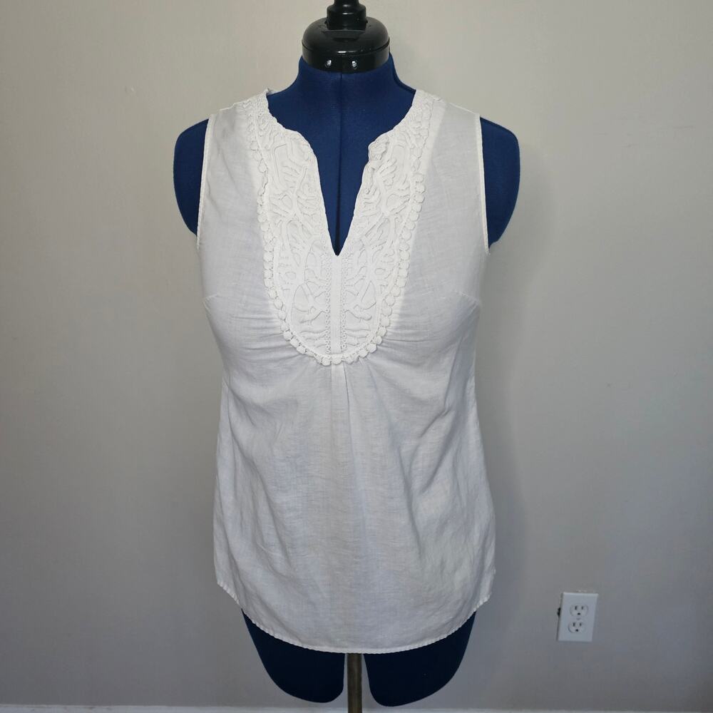 Carol Little White Linen Blend Embellished V Neck Top Size M